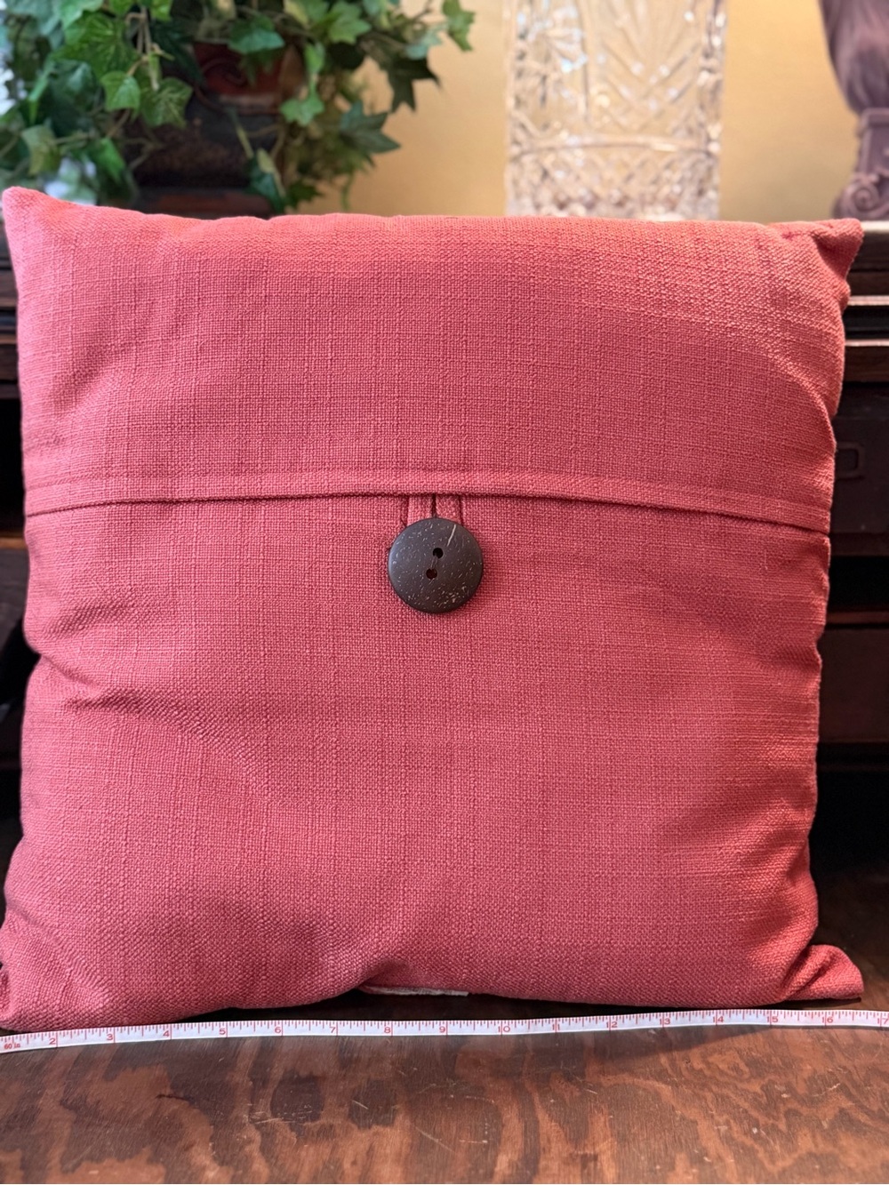 Coral Salmon 16x16 Throw Pillow Textured Woven Coconut Button Accent